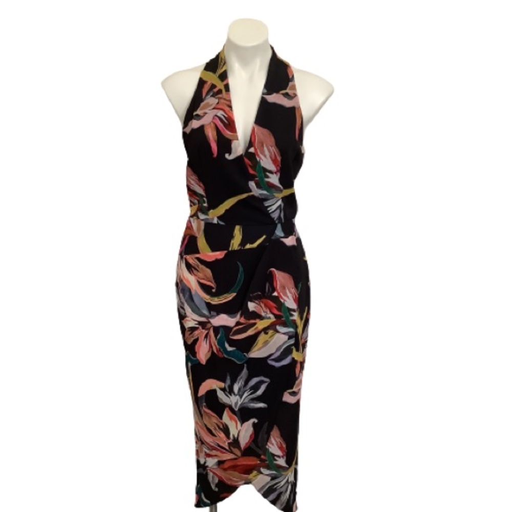 Cooper ST Jourdan Black Floral Drape Midi halter Dress size 6 tropical resort